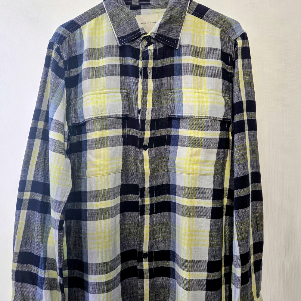 American Eagle Outfitters Navy, Yellow & White Plaid Button-Up Shirt